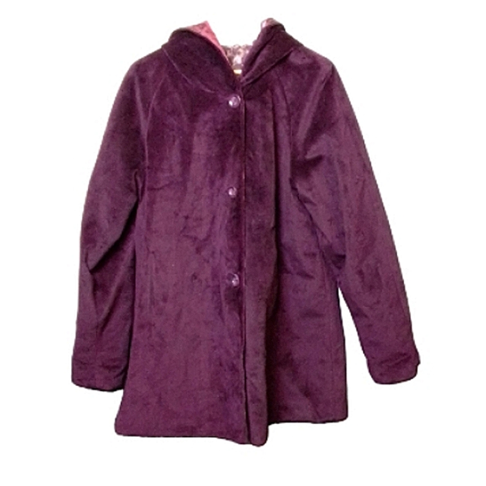 Reversible Dennis Basso coat fleece eggplant/ weather resistant purple ca…